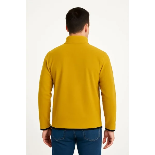 Erkek Polar Kazak – Dik Yaka, Yarım Fermuarlı, Fermuarlı Göğüs Cepli, Siyah Biyeli, Kışlık Rahat Regular Fit Günlük Model - Sarı