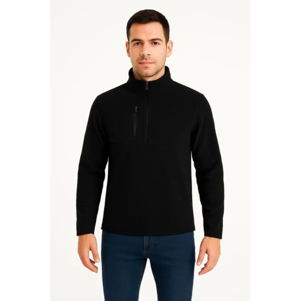 Erkek Polar Kazak – Dik Yaka, Yarım Fermuarlı, Fermuarlı Göğüs Cepli, Siyah Biyeli, Kışlık Rahat Regular Fit Günlük Model - Siyah