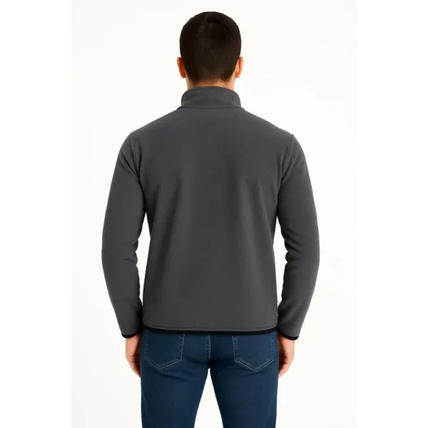 Erkek Polar Kazak – Dik Yaka, Yarım Fermuarlı, Fermuarlı Göğüs Cepli, Siyah Biyeli, Kışlık Rahat Regular Fit Günlük Model - Füme