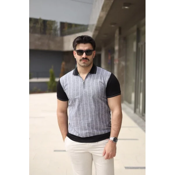 Erkek Polo Yaka Fermuar Detaylı Çizgili Tişört