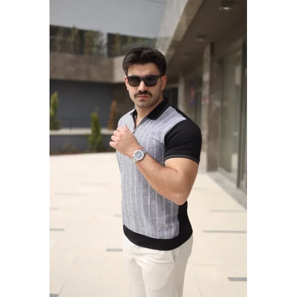 Erkek Polo Yaka Fermuar Detaylı Çizgili Tişört