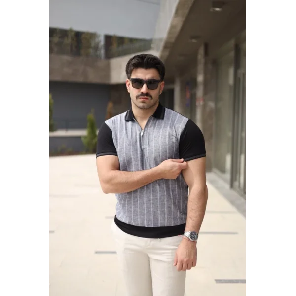 Erkek Polo Yaka Fermuar Detaylı Çizgili Tişört