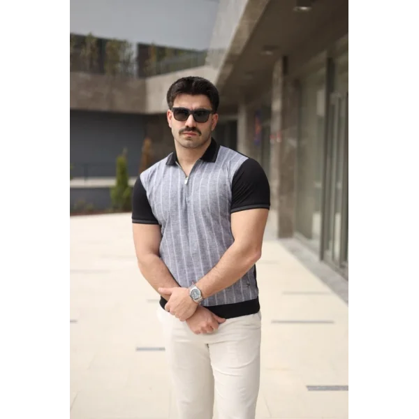 Erkek Polo Yaka Fermuar Detaylı Çizgili Tişört