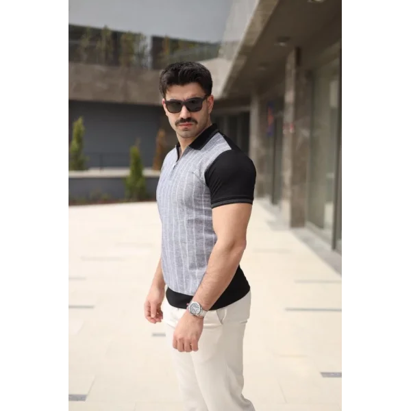 Erkek Polo Yaka Fermuar Detaylı Çizgili Tişört