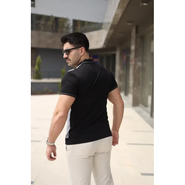 Erkek Polo Yaka Fermuar Detaylı Çizgili Tişört