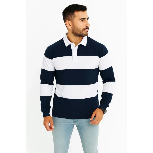 Erkek Polo Yaka Uzun Kollu Çizgili Sweatshirt Trend Rugby Stil - Lacivert