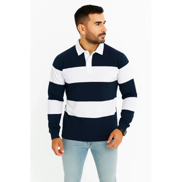 Erkek Polo Yaka Uzun Kollu Çizgili Sweatshirt Trend Rugby Stil - Lacivert