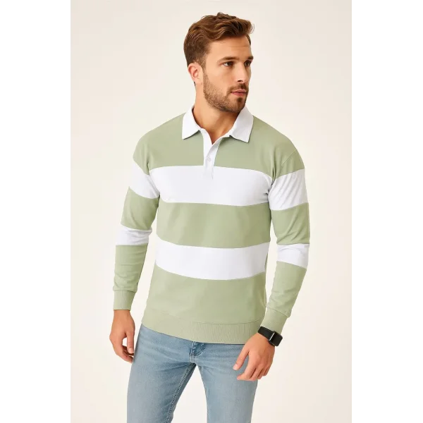 Erkek Polo Yaka Uzun Kollu Çizgili Sweatshirt Trend Rugby Stil - Mint Yeşili
