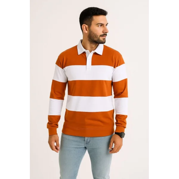 Erkek Polo Yaka Uzun Kollu Çizgili Sweatshirt Trend Rugby Stil - Turuncu