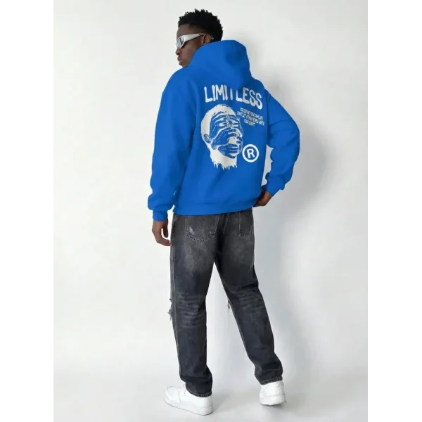 Erkek Premium Baskılı Kapşonlu Sweatshirt Üç İplik İçi Pamuklu Kanguru Cepli Double Oversize Rahat Kalıp Hoodie - Saks Mavi