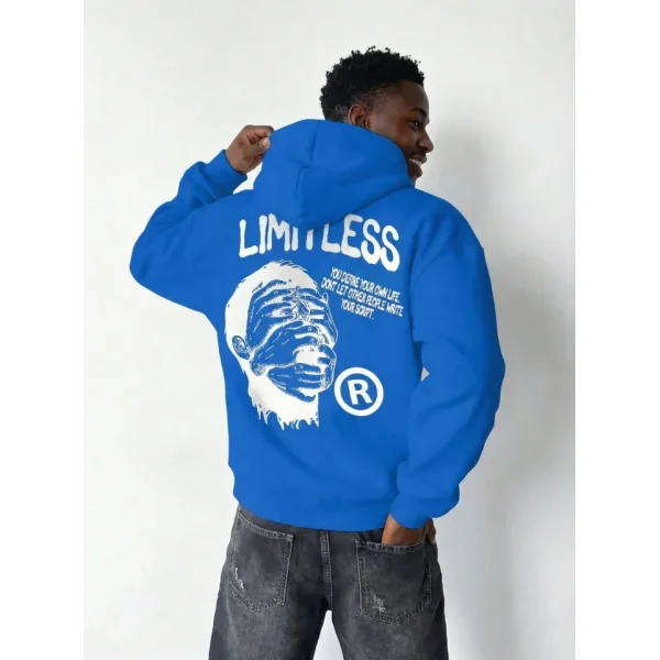 Erkek Premium Baskılı Kapşonlu Sweatshirt Üç İplik İçi Pamuklu Kanguru Cepli Double Oversize Rahat Kalıp Hoodie - Saks Mavi