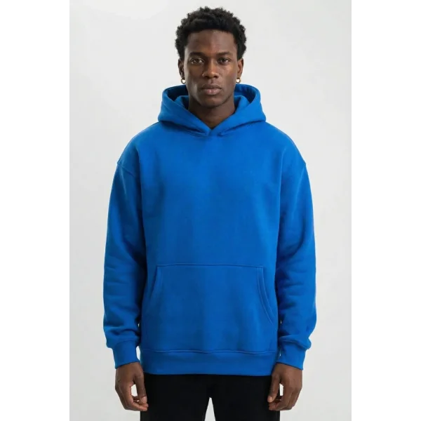 Erkek Premium Baskılı Kapşonlu Sweatshirt Üç İplik İçi Pamuklu Kanguru Cepli Double Oversize Rahat Kalıp Hoodie - Saks Mavi