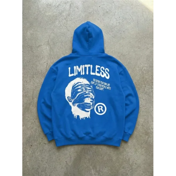 Erkek Premium Baskılı Kapşonlu Sweatshirt Üç İplik İçi Pamuklu Kanguru Cepli Double Oversize Rahat Kalıp Hoodie - Saks Mavi