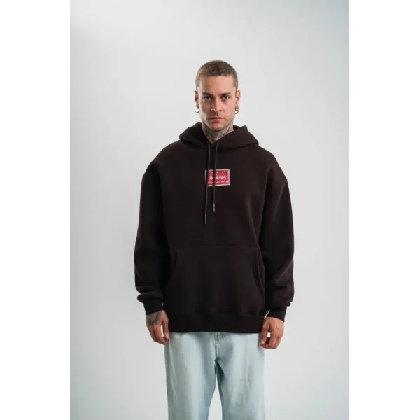 Erkek Premium Nakışlı Kapşonlu Sweatshirt Double Oversize Üç İplik Pamuklu - Siyah