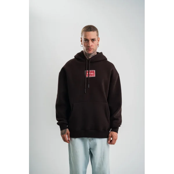 Erkek Premium Nakışlı Kapşonlu Sweatshirt Double Oversize Üç İplik Pamuklu - Siyah