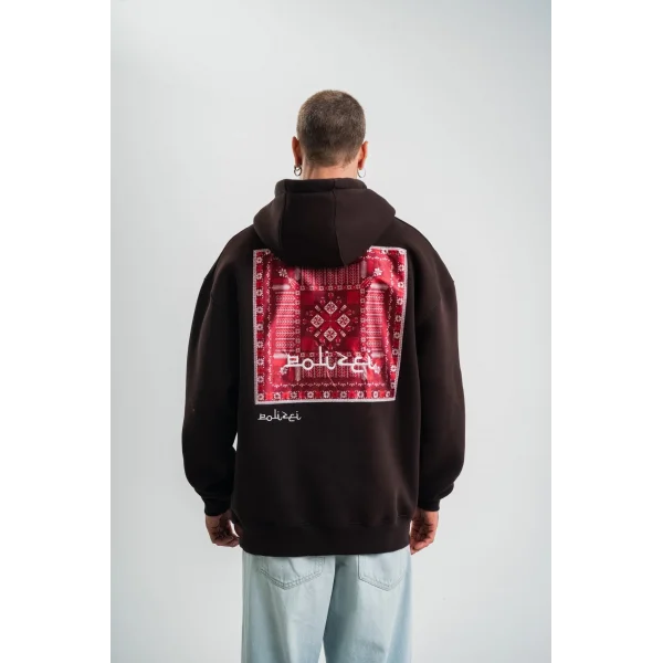 Erkek Premium Nakışlı Kapşonlu Sweatshirt Double Oversize Üç İplik Pamuklu - Siyah