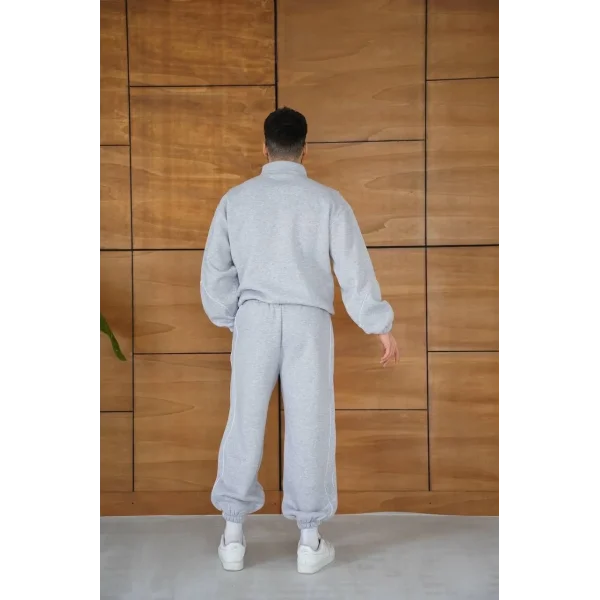 Erkek Premium Parçalı Eşofman Takım - Dik Yaka Fermuarlı Biyeli Sweatshirt Lastik Paça Alt, Oversize 3 iplik Şardonlu - Gri