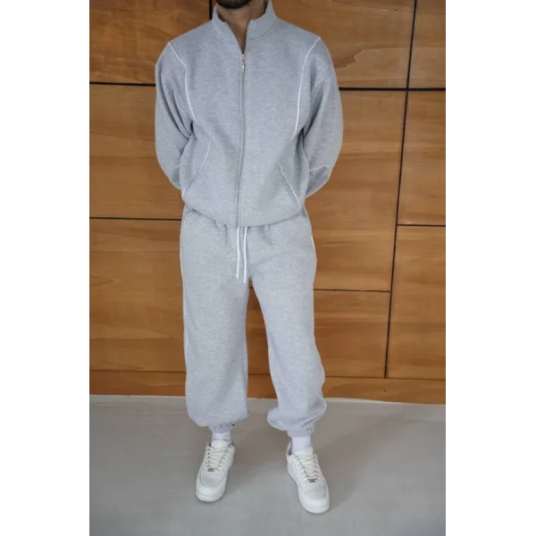 Erkek Premium Parçalı Eşofman Takım - Dik Yaka Fermuarlı Biyeli Sweatshirt Lastik Paça Alt, Oversize 3 Iplik Şardonlu - Gri