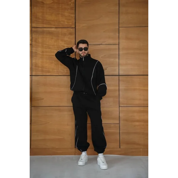 Erkek Premium Parçalı Eşofman Takım - Dik Yaka Fermuarlı Biyeli Sweatshirt Lastik Paça Alt, Oversize 3 iplik Şardonlu - Siyah