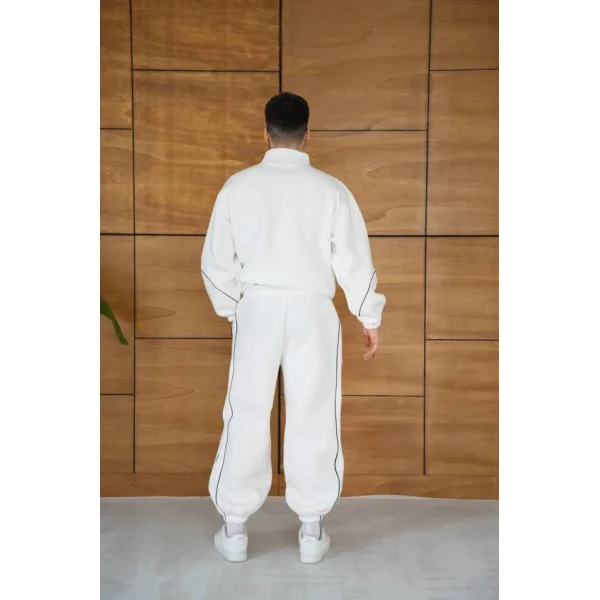 Erkek Premium Parçalı Eşofman Takım - Dik Yaka Fermuarlı Biyeli Sweatshirt Lastik Paça Alt, Oversize 3 Iplik Şardonlu - Beyaz