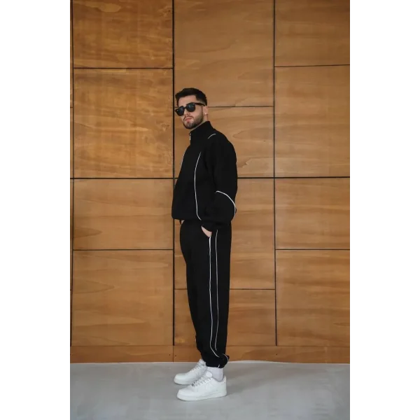 Erkek Premium Parçalı Eşofman Takım - Dik Yaka Fermuarlı Biyeli Sweatshirt Lastik Paça Alt, Oversize 3 iplik Şardonlu - Siyah