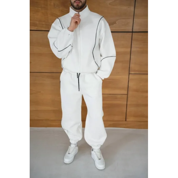 Erkek Premium Parçalı Eşofman Takım - Dik Yaka Fermuarlı Biyeli Sweatshirt Lastik Paça Alt, Oversize 3 Iplik Şardonlu - Beyaz