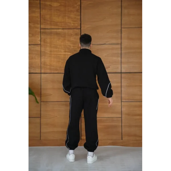 Erkek Premium Parçalı Eşofman Takım - Dik Yaka Fermuarlı Biyeli Sweatshirt Lastik Paça Alt, Oversize 3 Iplik Şardonlu - Siyah