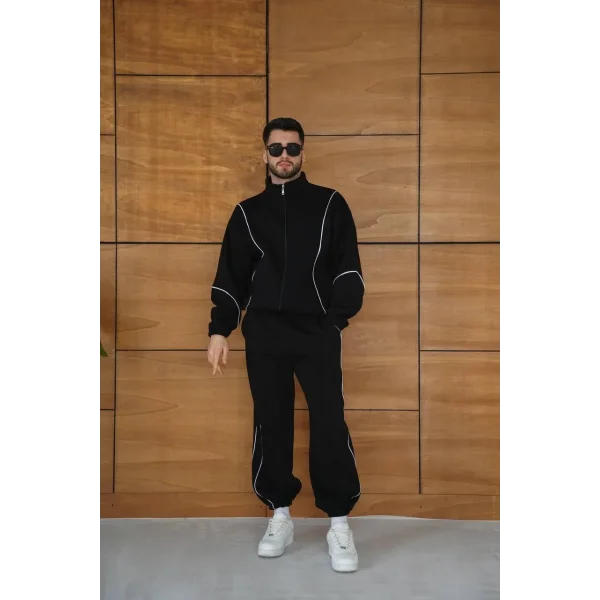 Erkek Premium Parçalı Eşofman Takım - Dik Yaka Fermuarlı Biyeli Sweatshirt Lastik Paça Alt, Oversize 3 iplik Şardonlu - Siyah