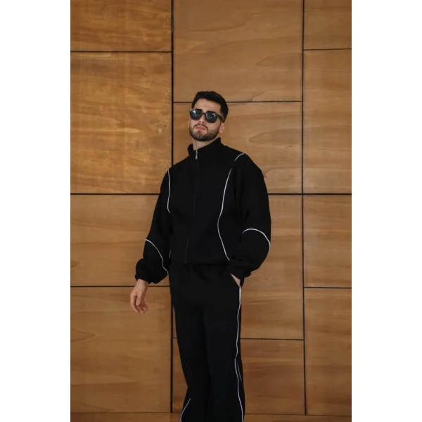 Erkek Premium Parçalı Eşofman Takım - Dik Yaka Fermuarlı Biyeli Sweatshirt Lastik Paça Alt, Oversize 3 Iplik Şardonlu - Siyah