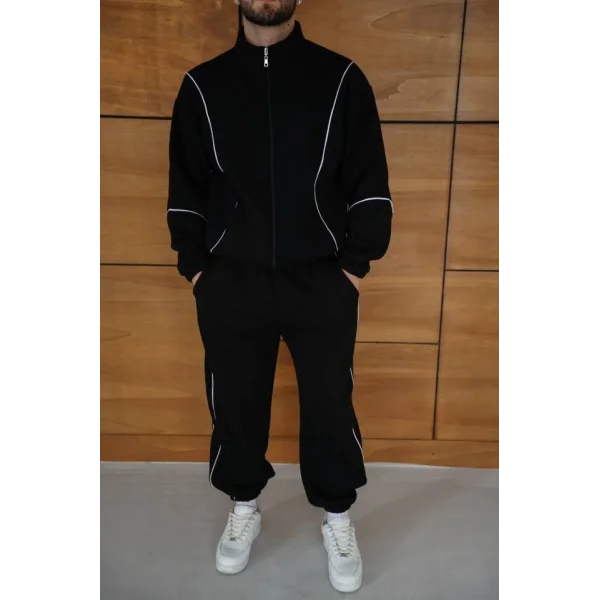 Erkek Premium Parçalı Eşofman Takım - Dik Yaka Fermuarlı Biyeli Sweatshirt Lastik Paça Alt, Oversize 3 Iplik Şardonlu - Siyah