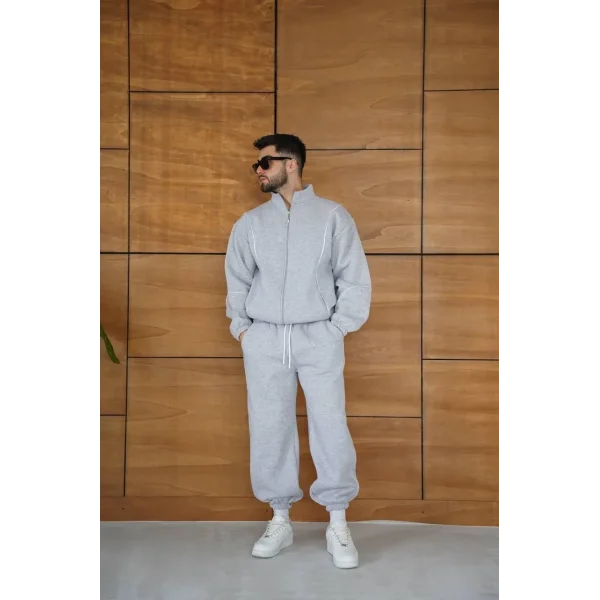 Erkek Premium Parçalı Eşofman Takım - Dik Yaka Fermuarlı Biyeli Sweatshirt Lastik Paça Alt, Oversize 3 iplik Şardonlu - Gri