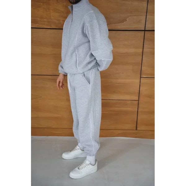 Erkek Premium Parçalı Eşofman Takım - Dik Yaka Fermuarlı Biyeli Sweatshirt Lastik Paça Alt, Oversize 3 iplik Şardonlu - Gri