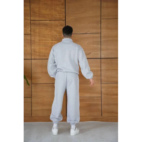 Erkek Premium Parçalı Eşofman Takım - Dik Yaka Fermuarlı Biyeli Sweatshirt Lastik Paça Alt, Oversize 3 Iplik Şardonlu - Gri