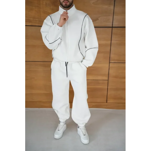 Erkek Premium Parçalı Eşofman Takım - Dik Yaka Fermuarlı Biyeli Sweatshirt Lastik Paça Alt, Oversize 3 iplik Şardonlu - Beyaz