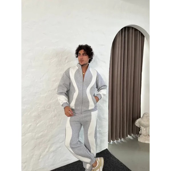 Erkek Premium Parçalı Eşofman Takım - Dik Yaka Fermuarlı Sweatshirt, - Gri