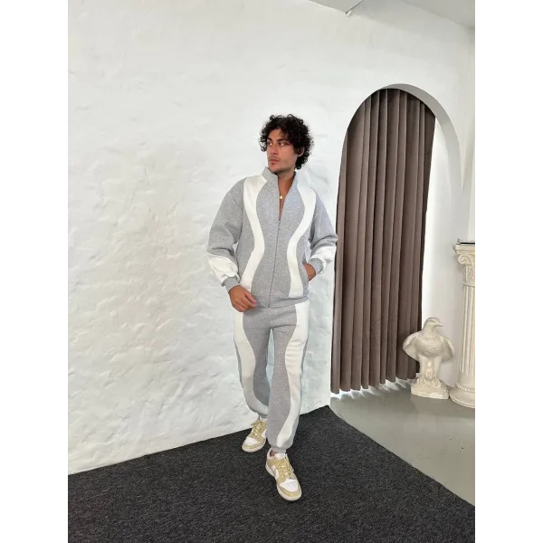 Erkek Premium Parçalı Eşofman Takım - Dik Yaka Fermuarlı Sweatshirt, - Gri