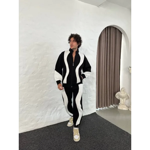 Erkek Premium Parçalı Eşofman Takım - Dik Yaka Fermuarlı Sweatshirt, - Siyah