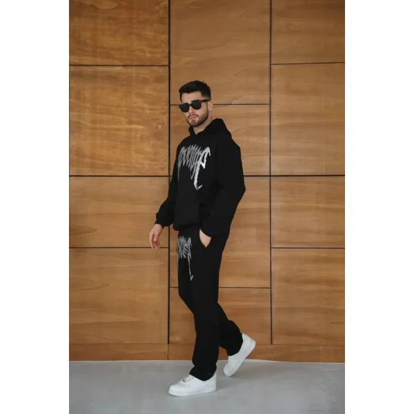 Erkek Premium Taş Baskılı Eşofman Takım Revenge Model (Siyah) Kapüşonlu Üst + Taşlı Baskılı Alt Modern Streetwear Tarzı Oversize Rahat Kalıp 3 iplik Pamuklu - Siyah