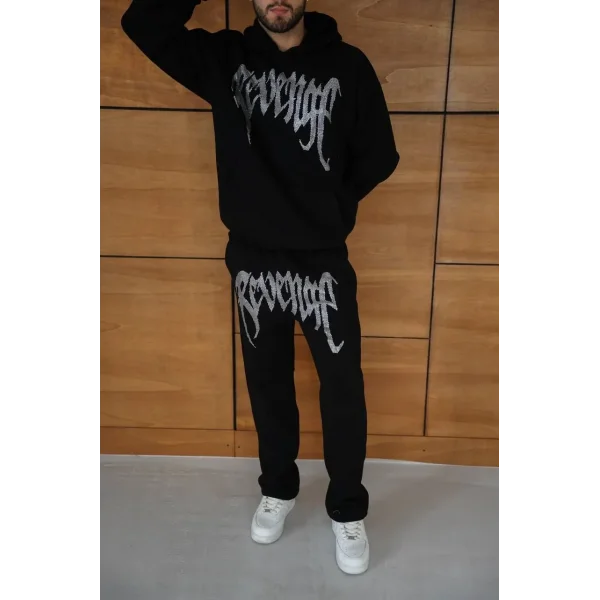 Erkek Premium Taş Baskılı Eşofman Takım Revenge Model (Siyah) Kapüşonlu Üst + Taşlı Baskılı Alt Modern Streetwear Tarzı Oversize Rahat Kalıp 3 iplik Pamuklu - Siyah