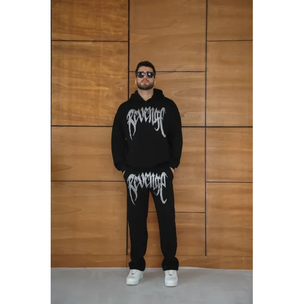 Erkek Premium Taş Baskılı Eşofman Takım Revenge Model (Siyah) Kapüşonlu Üst + Taşlı Baskılı Alt Modern Streetwear Tarzı Oversize Rahat Kalıp 3 iplik Pamuklu - Siyah