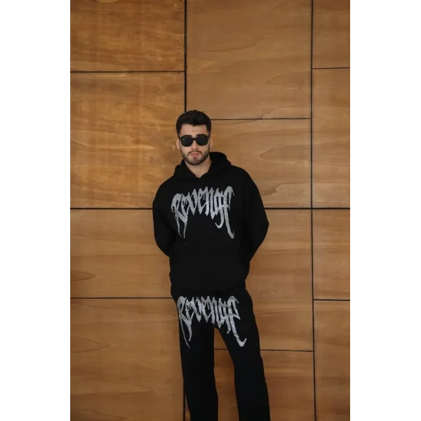 Erkek Premium Taş Baskılı Eşofman Takım Revenge Model (Siyah) Kapüşonlu Üst + Taşlı Baskılı Alt Modern Streetwear Tarzı Oversize Rahat Kalıp 3 iplik Pamuklu - Siyah