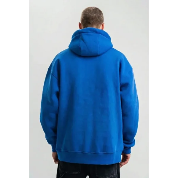 Erkek Saks Mavi Double Oversize 3 İplik Pamuklu Kapüşonlu Kanguru Cepli Sweatshirt Hoodie - Saks Mavi