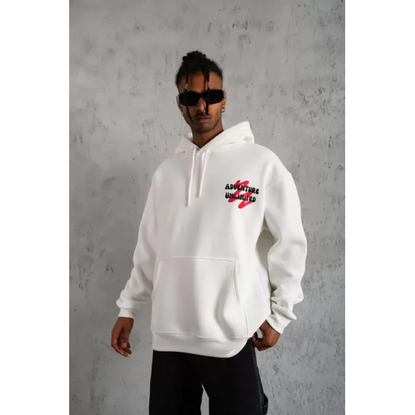 Erkek Şapkalı Güvercin Baskılı Kapşonlu Sweat - Beyaz