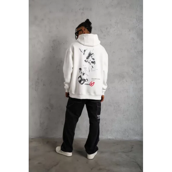 Erkek Şapkalı Güvercin Baskılı Kapşonlu Sweat - Beyaz