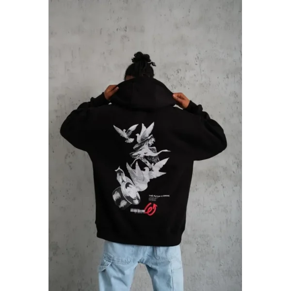 Erkek Şapkalı Güvercin Baskılı Kapşonlu Sweat - Siyah