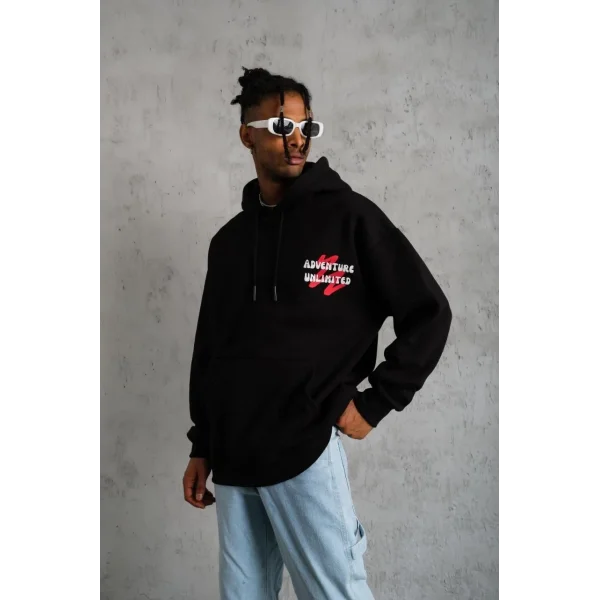 Erkek Şapkalı Güvercin Baskılı Kapşonlu Sweat - Siyah