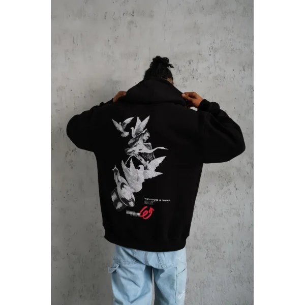 Erkek Şapkalı Güvercin Baskılı Kapşonlu Sweat - Siyah