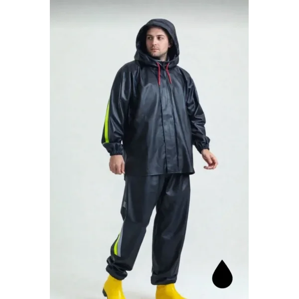 Erkek Şapkalı Kapüşonlu Su Geçirmez Yağmurluk Takımı Reflektörlü Motorcu Kıyafeti Su Ve Rüzgar Gecirmez Motorcu Kurye Takım TÜBİTAK Onaylı - Siyah