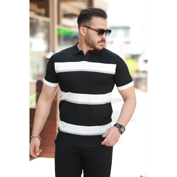 Erkek şerit Desenli Hemşire Yaka Kısa Kollu Tişört