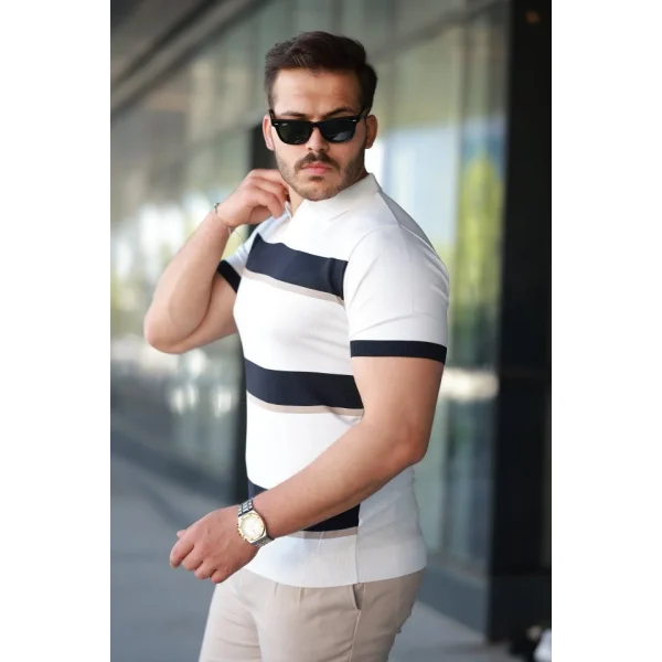 Erkek şerit Desenli Hemşire Yaka Kısa Kollu Tişört